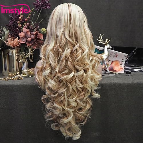 Miniatura 4 de Pelucas sintéticas largas con encaje frontal de color piano castaño y rubio para mujer, peluca gruesa sintética resistente al calor, con línea de