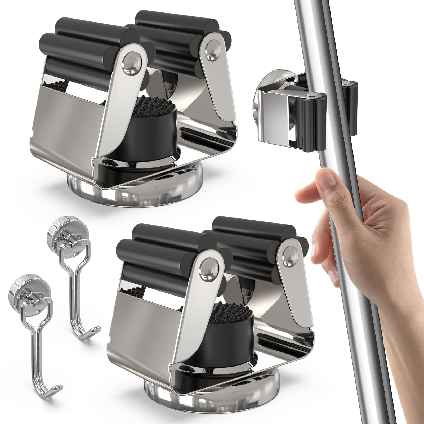 3-H 2 Stück Magnetischer Besenhalter, Edelstahl Gerätehalter Besenhalterung Wandaufhängung für Gartengeräte und Besen, mit 2X Magnetische Haken für Küche Badezimmer Garage Garten Zuhause, Silber