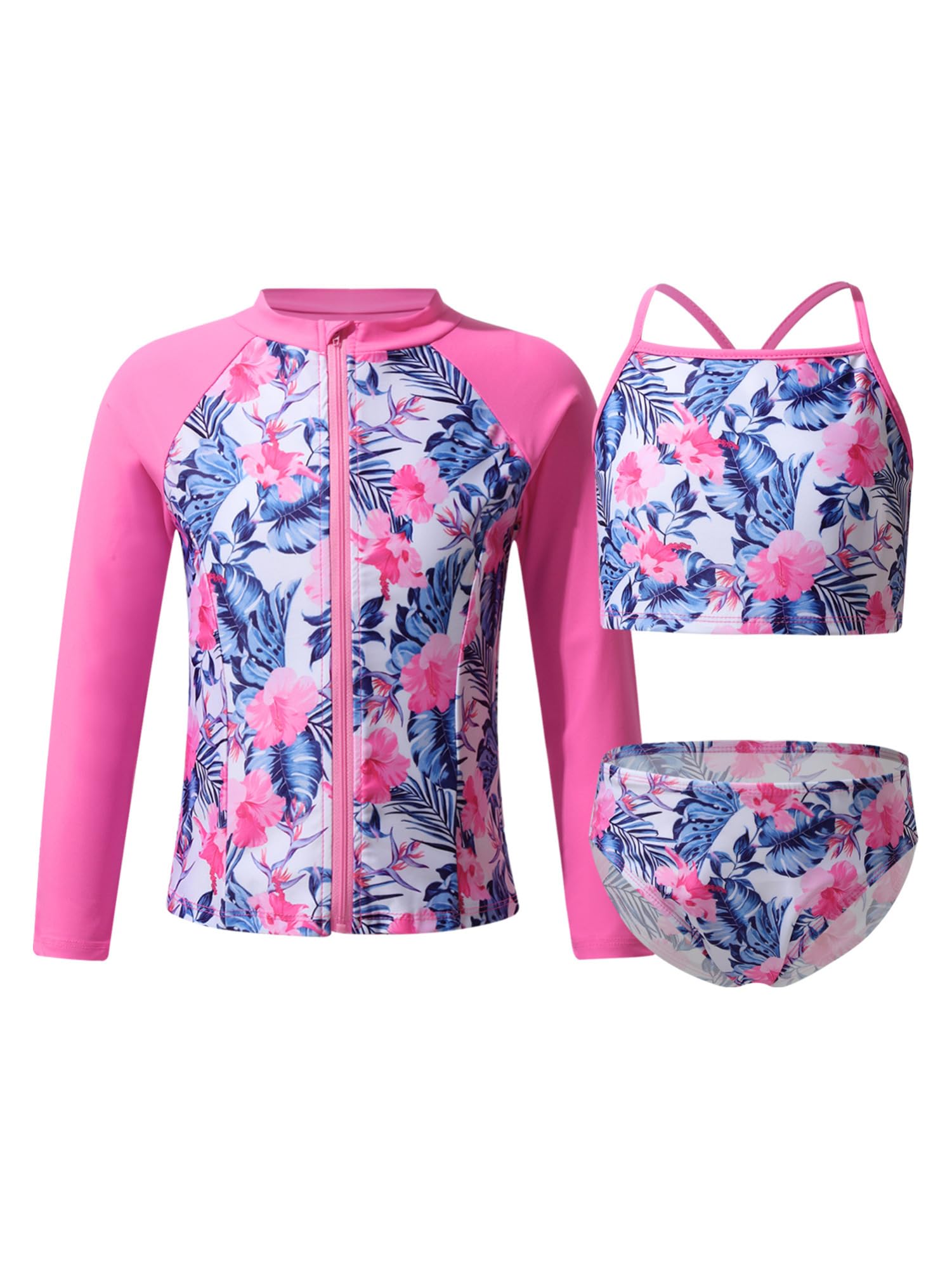 IEFIEL Traje de Baño Tres Piezas para Niñas Bañador Manga Larga de Protección Solar Conjunto Bikini y Triángulo o Short de baño Ropa de Deportiva Swimsuit 3-16 años