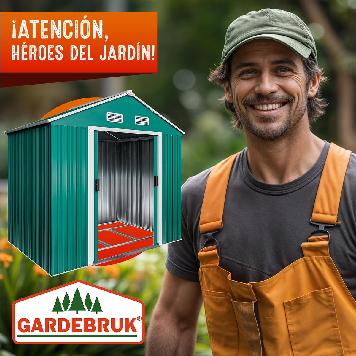 GARDEBRUK® Cobertizo de Jardín Exterior con Base 2m² Caseta Acero Galvanizado 200x135x190cm XL Puerta Corredera Techo Dos Aguas Ventilación Resistente Intemperie Almacenamiento Orden 4 Ganchos Verde