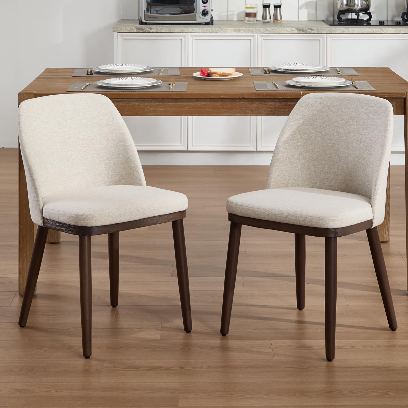 Ya-Home Set di 2 Sedie da Pranzo in Tessuto di Lino con Gambe in Legno, Beige
