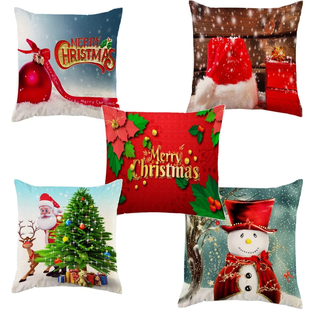 AKI Traders Merry Christmas Decorative Santa Printed Velvet Cushion/Throw/Pillow Covers (Multicolour) Set of 5 Pieces (16X16 Inches)