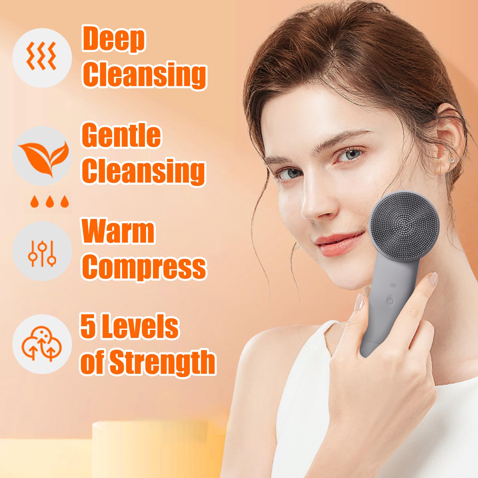 Elitzia Gesichtsscrubber Gesichtsreinigungsbürste Grau Silikon Electric Exfoliator Wiederaufladbare Gesichtsreiniger Bürste 5 Geschwindigkeiten einstellbar für Tiefenreinigung Haut Reparieren