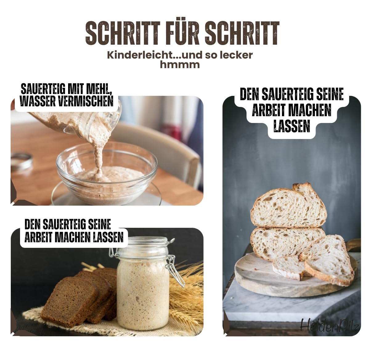 HeldenPilz Juego de cestas de fermentación – Bio masa madre Starter incluye cesta, vaso de vidrio fermentado, tarjeta de acero inoxidable y batidor danés