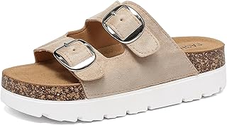 YorFotMae Women's Platform Sandals, Cork Footbed Slides with Double Buckles | Open toe platform slides with adjustable double buckles, memory foam insole and non-slip sole for summer and casual wear.
