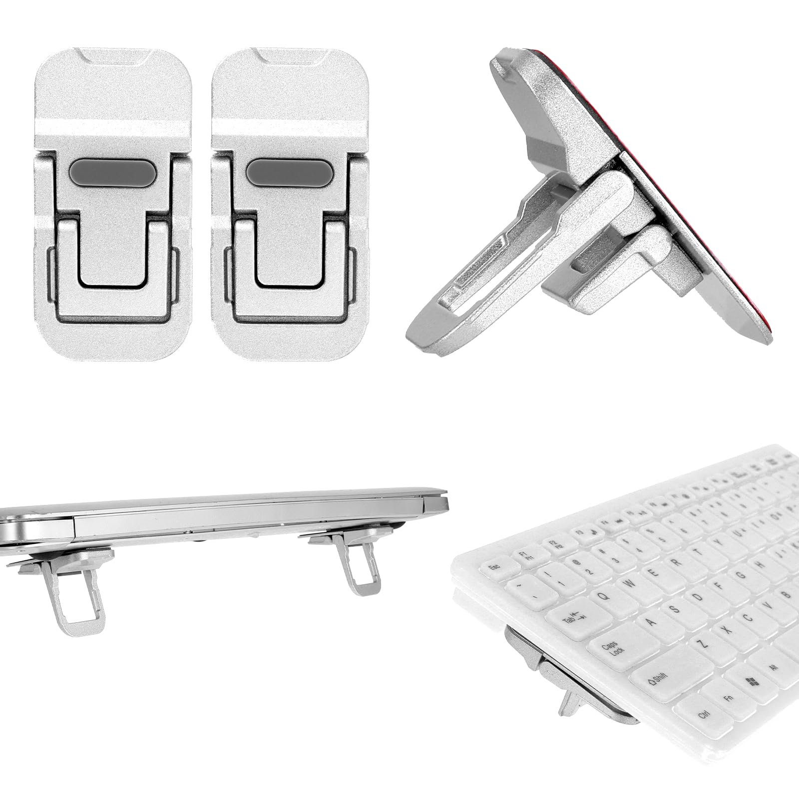 Bewudy 2 Pcs Portable Keyboard Riser With Dual Tilt Angle Adjustment, Foldable Laptop Stand, Mini Computer Stand for Desk, Self-Adhesive Feet for Most Keyboards (Silver)