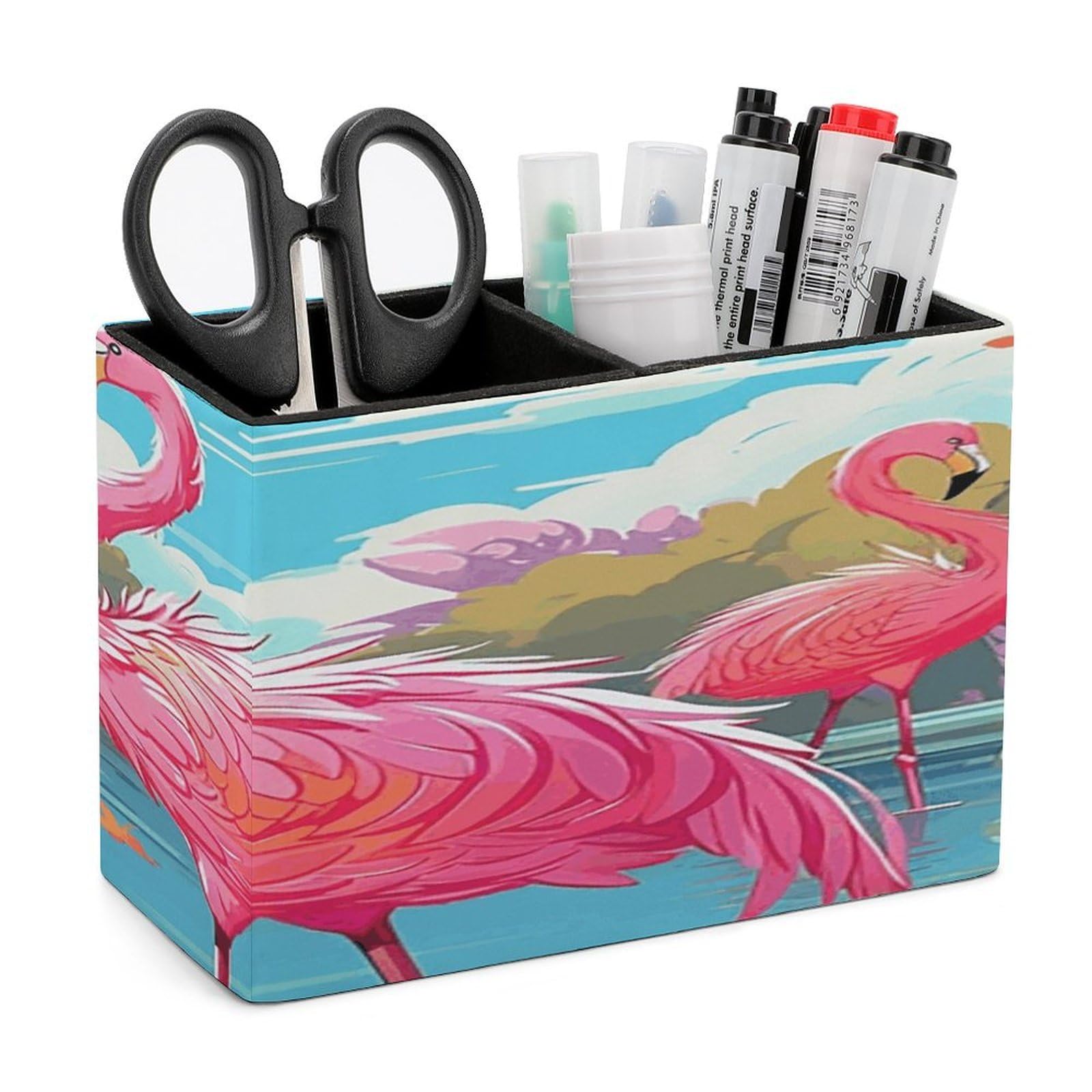 LZQPOEAS Flamingo Bird Leather Pen Holder with 2 Compartments Luxury Pencil Holder Minimalist Pencil Cup Brush Scissor Holders Elegant Pen Cup for Office Home Desk Accessories