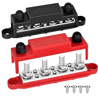 Power Distribution Block Bus bar Terminal Block 4 x 3/8" Posts, 6 x #8 Screws Terminals, 12V 250A Red & Black