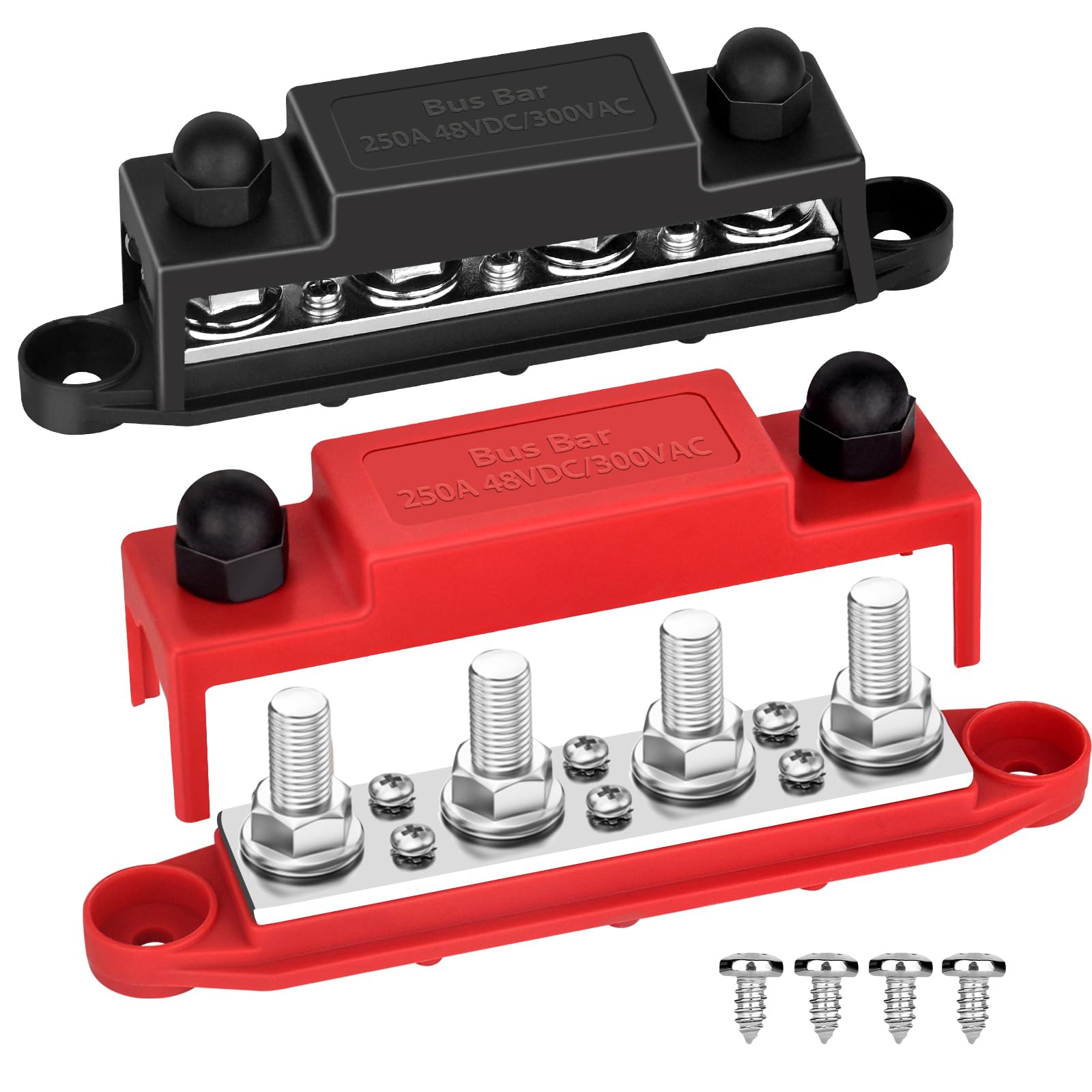 Power Distribution Block Bus bar Terminal Block 4 x 3/8" Posts, 6 x #8 Screws Terminals, 12V 250A (Red & Black)