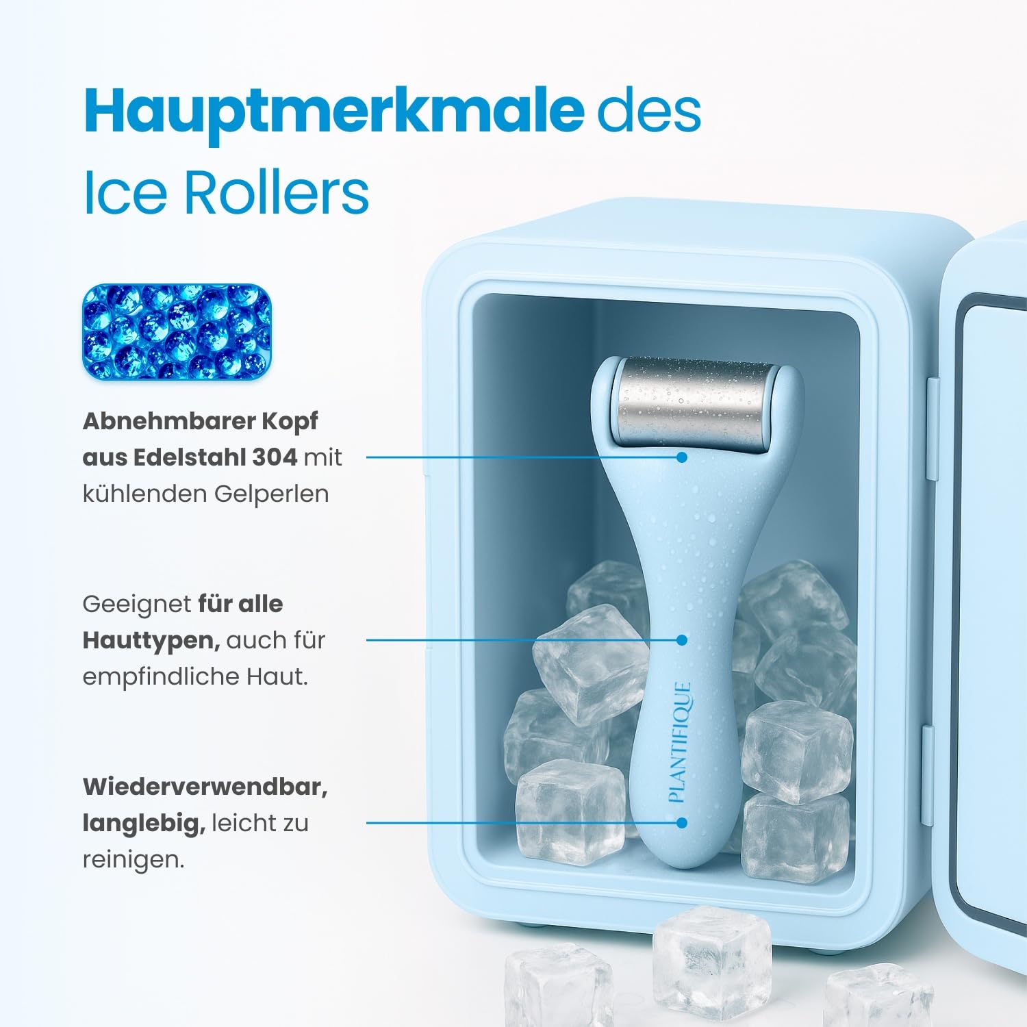 PLANTIFIQUE Facial Ice Roller - Puffiness Cryotherapy Skin Care Massage Tool - Stainless Steel Roller and Korean Jojoba Oil & Hyaluronic Acid Face Massage Serum – Hydrating Anti-Aging Collagen
