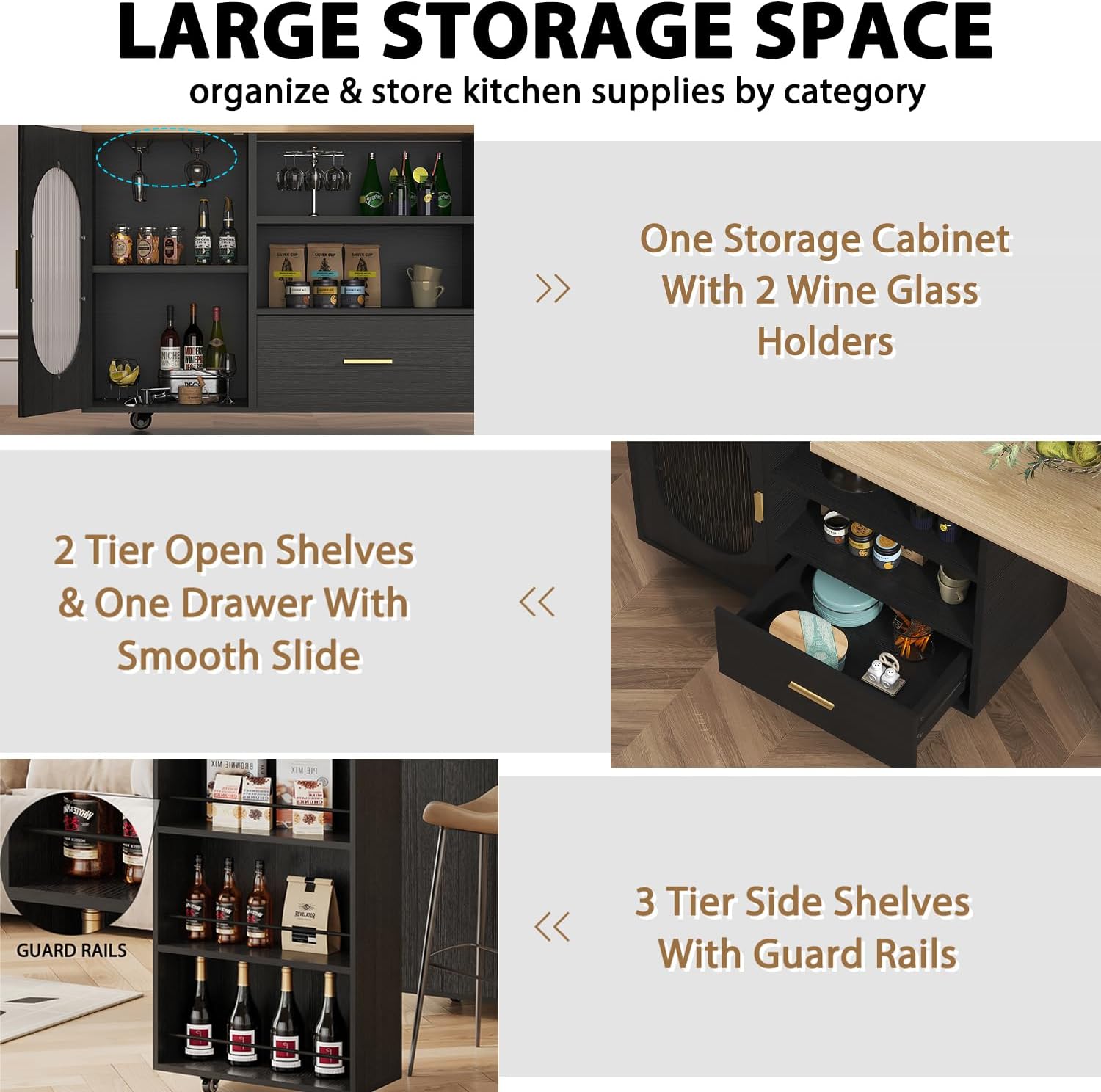 HSH 72" Rolling Kitchen Island with Seating, 360° Swivel Table, Kitchen Island with Storage Cabinet, Drawer & Shelves, Farmhouse Mobile Island Cart on Wheels for Dining Room & Home Bar, Black Oak Light Oak and Black