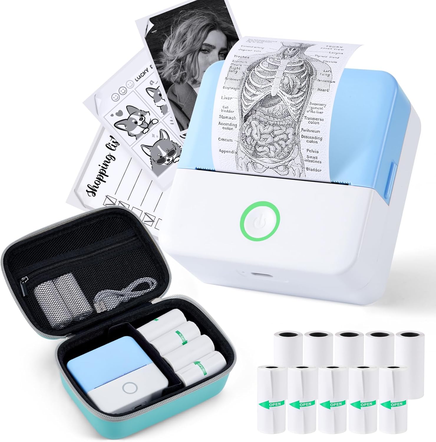 cudinham Print Pods Mini Printer, Thermal Inkless Sticker Maker with 10 Rolls Printing Paper & Hard Storage Case