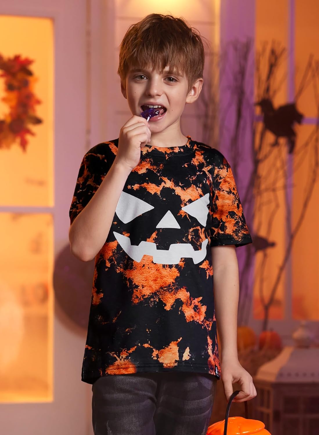 Halloween Kid Boys Tie Dye Orange Pumpkin Face Jack O' Lantern Shirt Short Sleeve Funny Top 8 Years - Image 4
