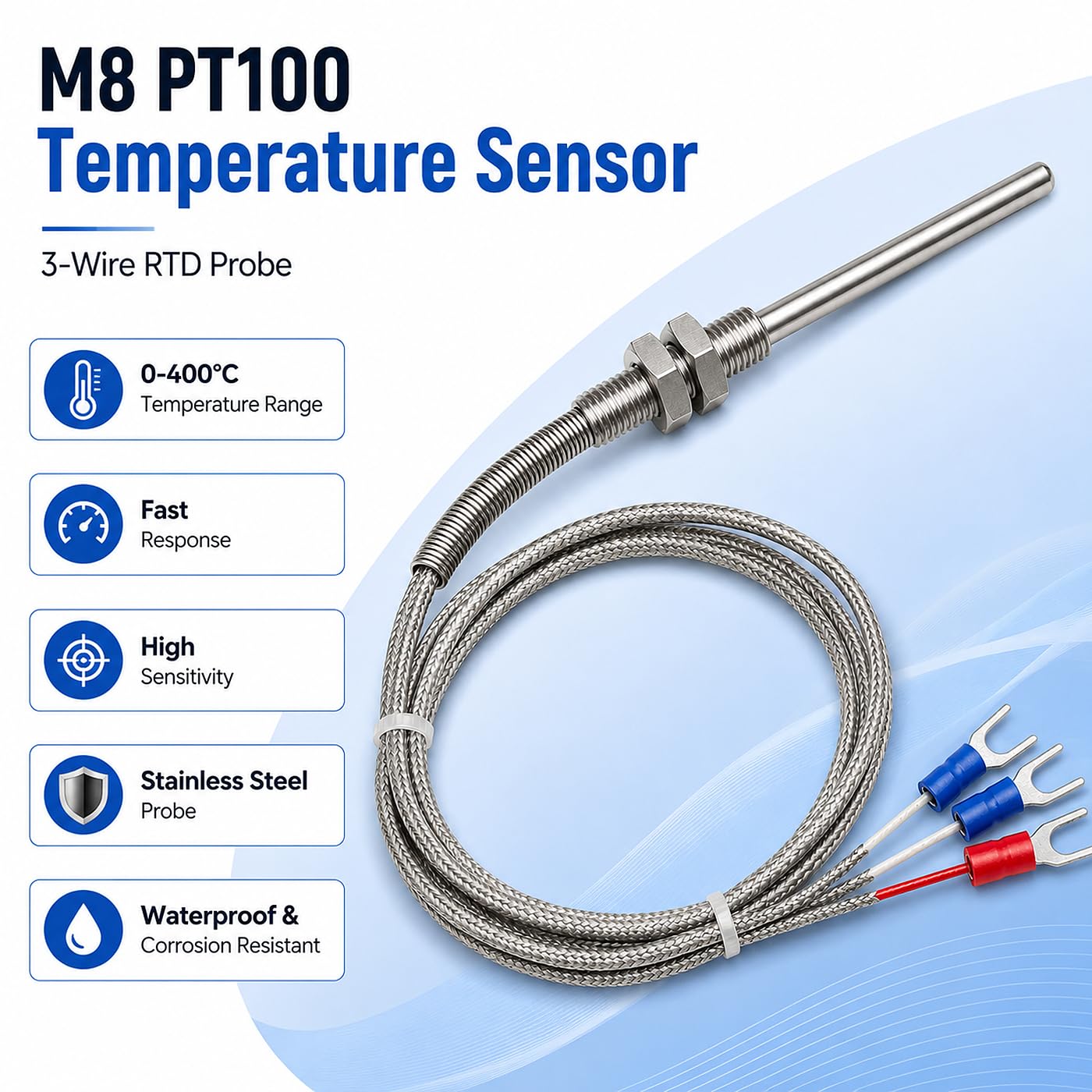 Sonda Termoparowa M8, 0-400℃ Czujnik Temperatury Z Gwintem M8 Rezystor Pt100 Termopara 3-Przewodowa, Wodoodporna Sonda 5 * 50 mm, Do Kominków, Grillów, Zastosowań Przemysłowych (2m)