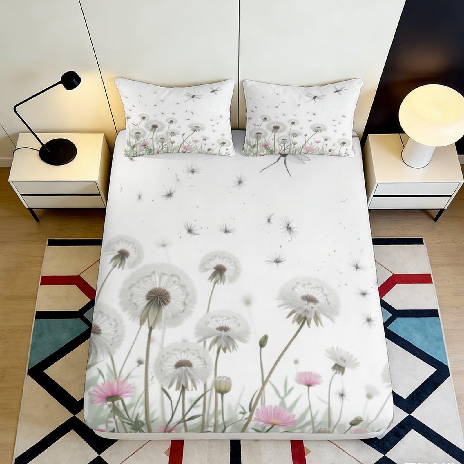 3D Printed Dandelion Meadow Fitted Sheet Microfiber Soft Breathable Wildflower Bed Cover for Bedroom Guest Room Mattress Protection Decor 90x200x25cm
