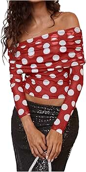 WDIRARA Women's Mesh Polka Dots Off Shoulder Crop Top Ruched Long