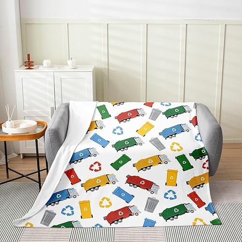 Manta de franela de camión de basura verde para niños y adultos, manta de franela de forro polar de franela de camión de basura de dibujos animados