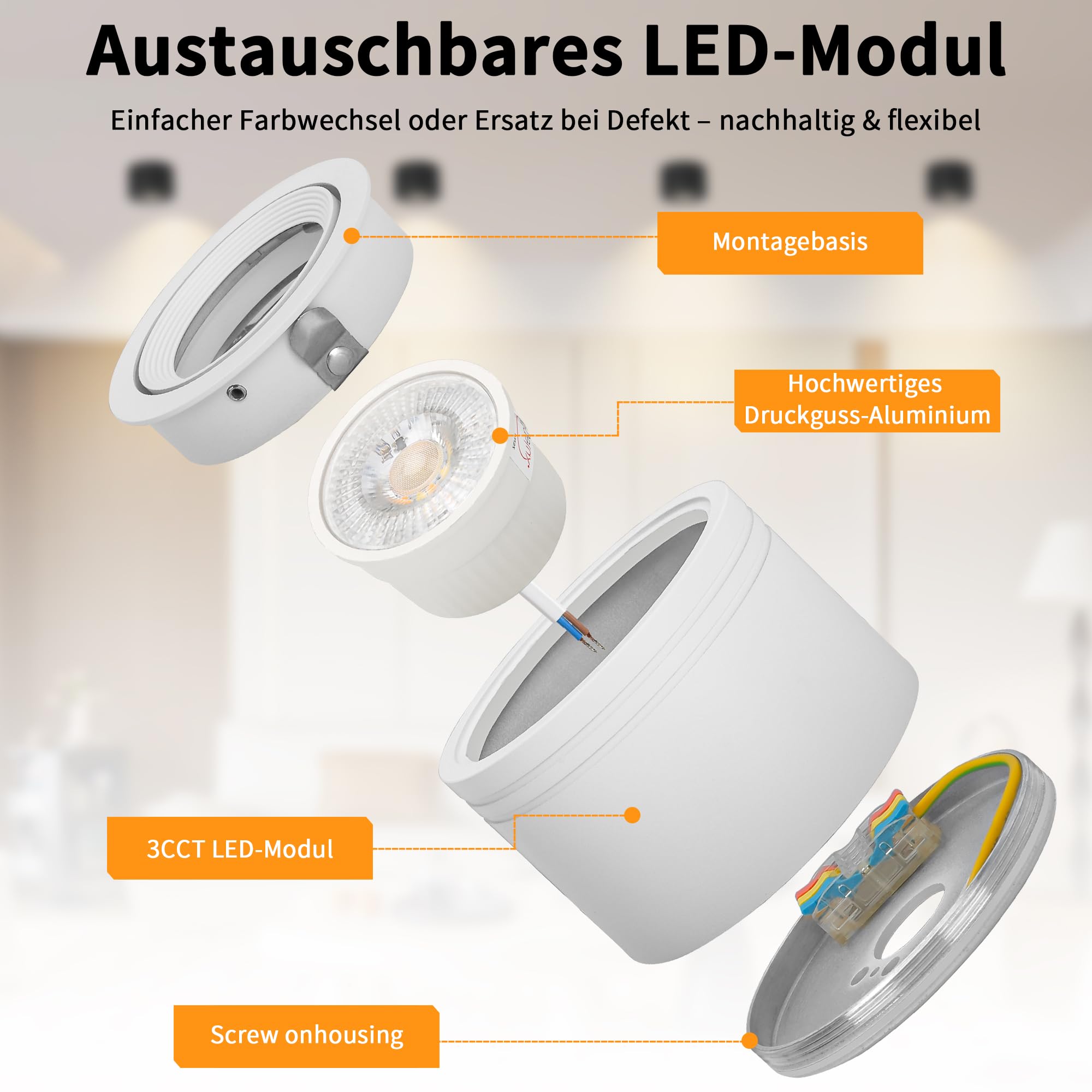 4x LED Aufbauspots Dimmbar 230V – 3 Farbtemperaturen 2700K/4000K/5700K – Extra Flach Ø80×50mm, 30° Schwenkbar, inkl. 5W LED Modul – Aufputz Deckenspots Weiß