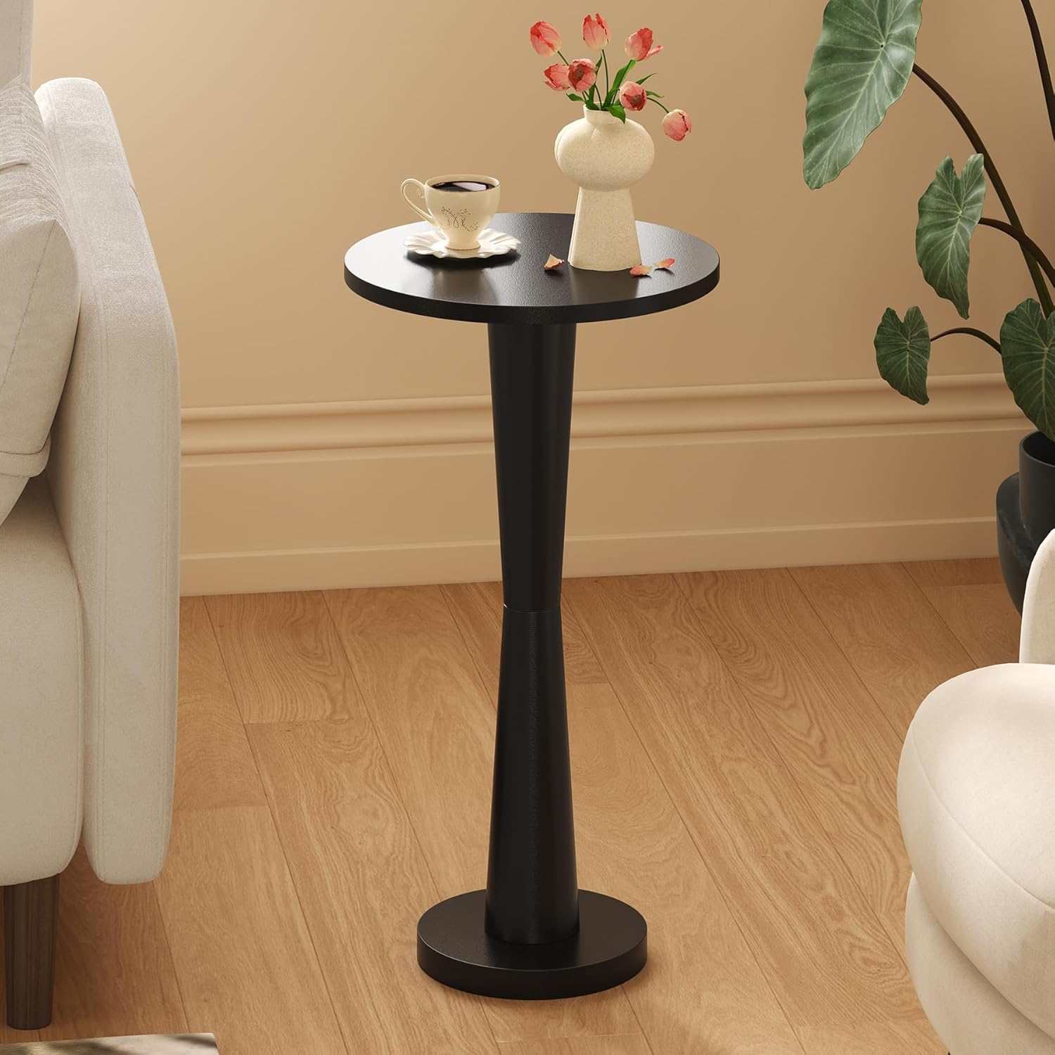 LAATOOREE Small Round Side Tables Set of 2, Wood Pedestal Drink Tables, Accent Coffee End Tables with Solid Wood Leg for Small Space, Living Room, Bedroom, Corner (2, Black)