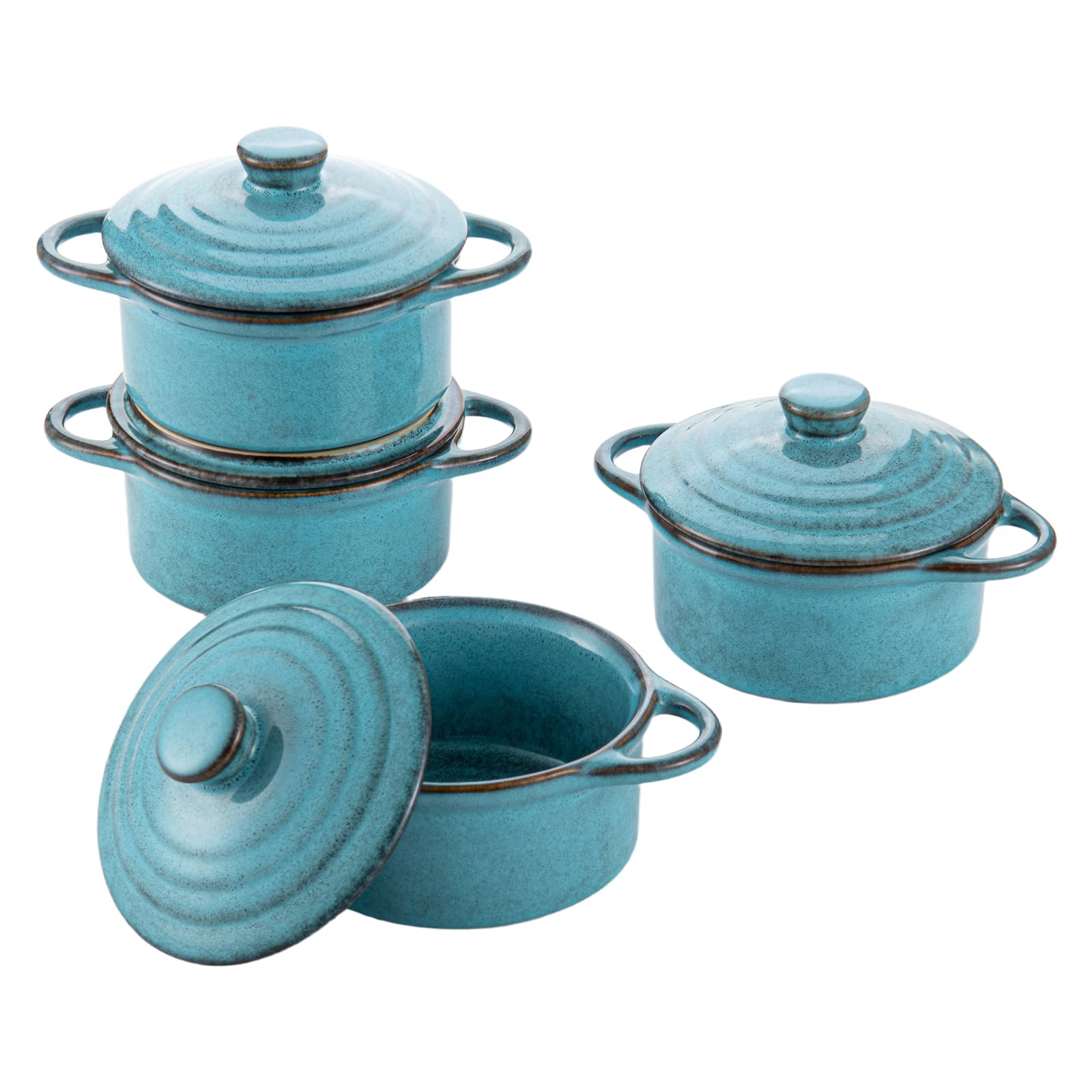HENXFEN LEAD Cazuela de cerámica, 350 ml, mini ramequines de soufflé de cocottes con tapas y asas, juego de 4 moldes pequeños para hornear, azul reactivo