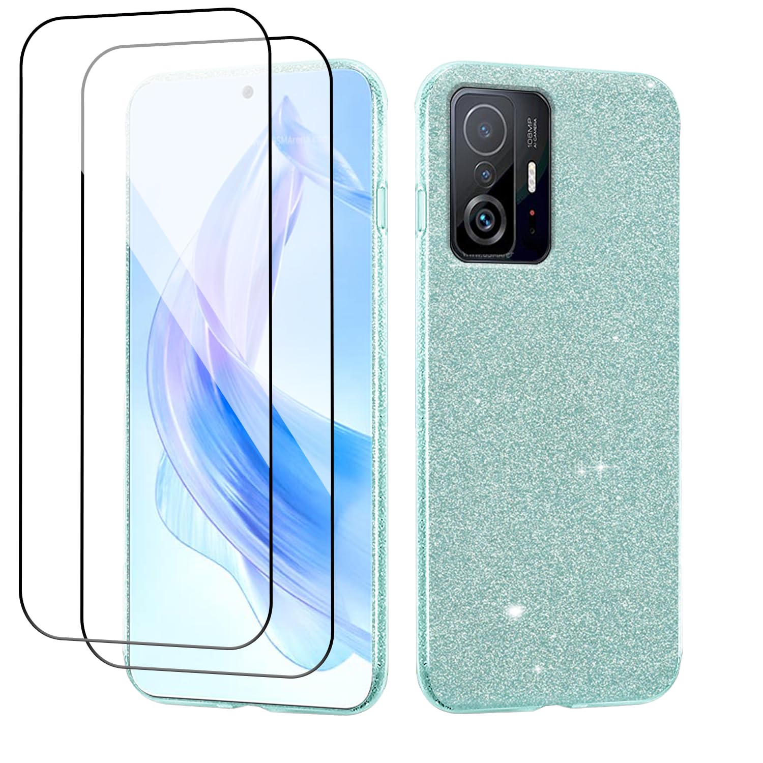 Compatibile con Cover Xiaomi 11T Silicone Glitter, Custodia Xiaomi 11T Pro with 2 Pack Tempered Screen Protector,Brillantini 3 in 1 Full Body Protezione Case (verde