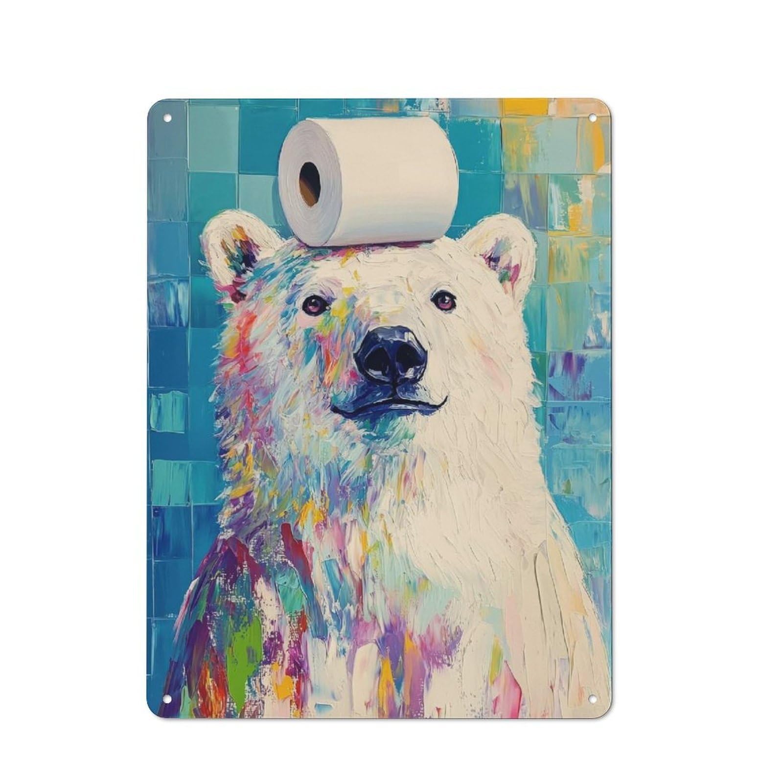 Vintage Polar Bear with Toilet Paper Vintage Tin Sign 40x30cm, Cafe Wall Decor for Bakery, Diner, Cafe Or Family Room