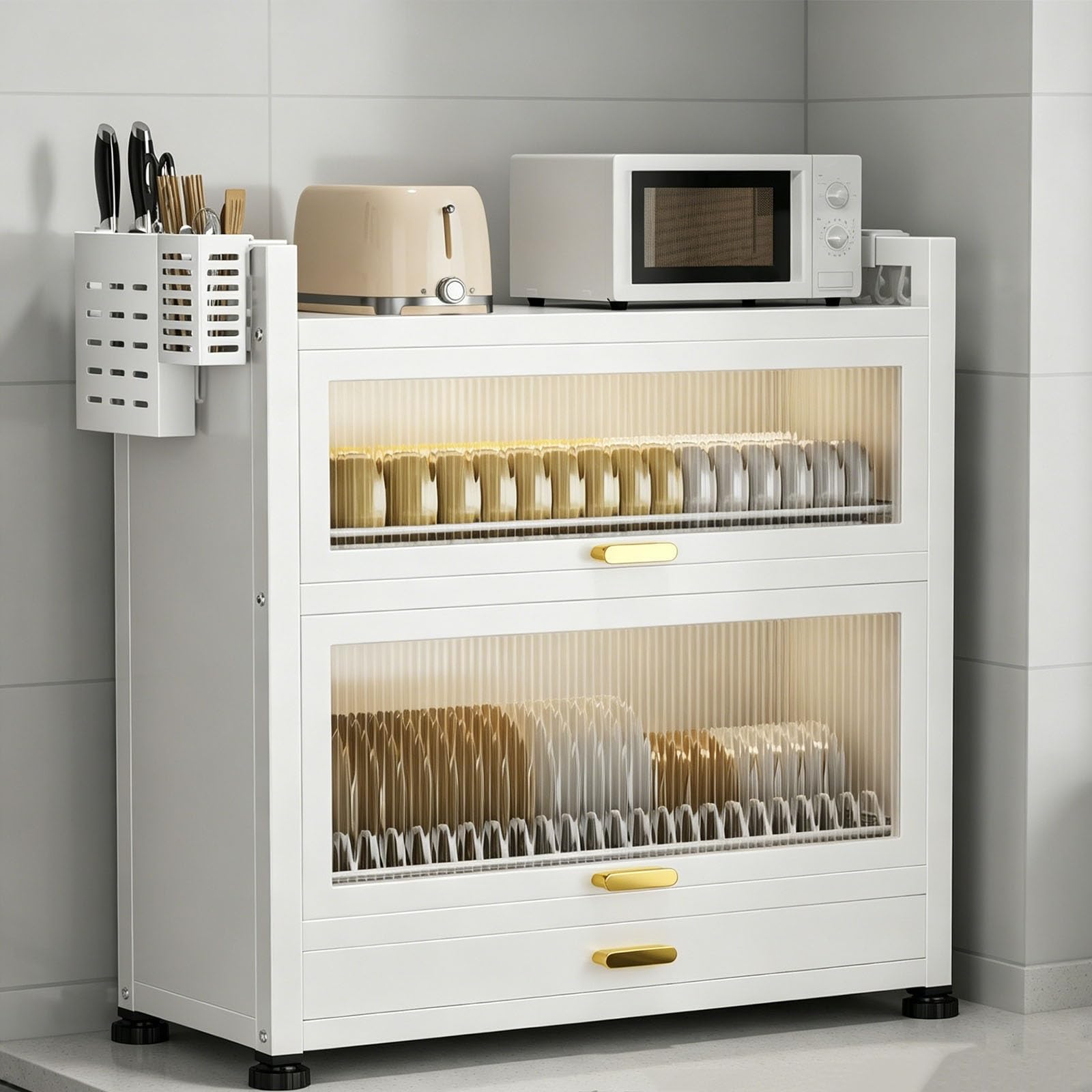 Organizador de fregadero de cocina con puerta abatible, organizadores de cocina multifuncionales y estante de almacenamiento, altura ajustable del estante, para platos, vasos, cuencos y cubiertos