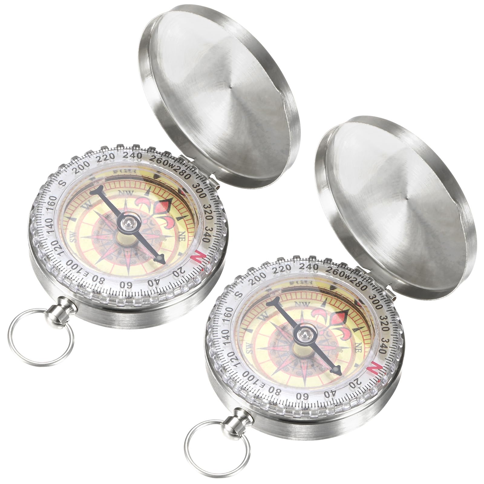 TIXIPEM Camping Survival Compass [2PCS] - Copper Clamshell Classic Pocket Style Glow in the Dark Orienteering Compass- [Silver Tone] Outdoor Navigation Tool