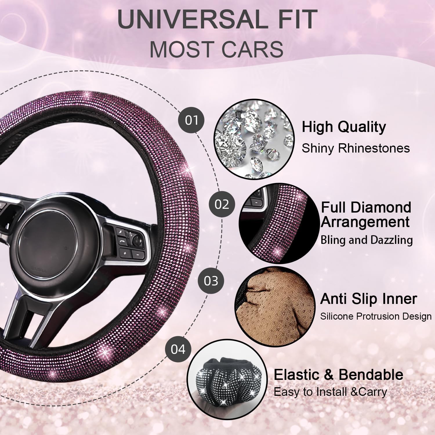 NBTEPEM Bling Car Floor Mats Full Set and Steering Wheel Cover, Universal Fit Most Cars, 4 pcs Sparkle Glitter Diamond Carpet, 5 pcs Bling Car Accessories Set for Women (Pink Diamond) image 5