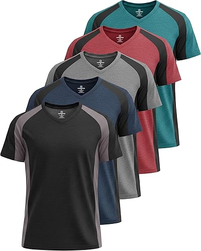 Real Essentials - Paquete de 5 camisetas deportivas Dry-Fit con tecnología de rendimiento atlético y cuello en V para hombre, absorben la humedad