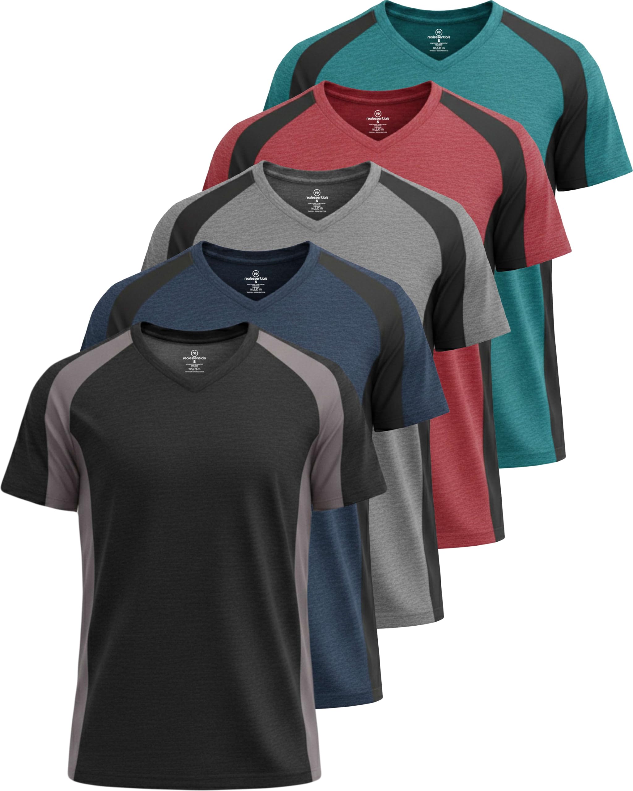 Real Essentials 5 Pack: Men’s V-Neck Dry-Fit Moisture Wicking Active Athletic Tech Performance T-Shirt