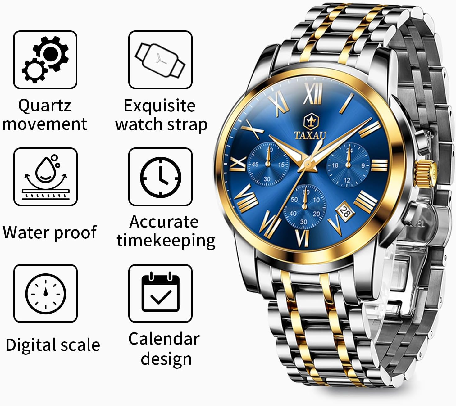 Taxau Mens Silver Watch Luxury Minimalist Dress Watch Classic Waterproof Watches for Men Analog Quartz Stainless Steel Men's Wrist Watches with Date Luminous Relojes para Hombres