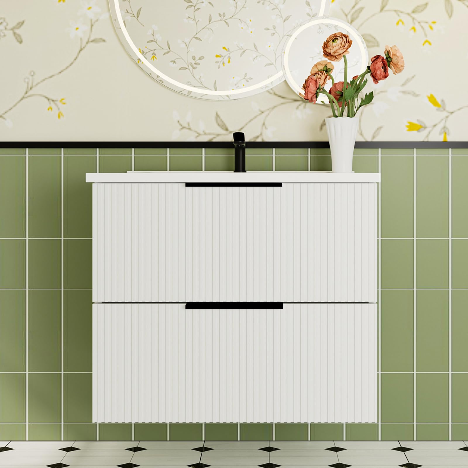 30" White Wall Mounted Vanity - Floating Design, Moisture-Proof, U-Drawer (Fits Drain), Soft Closing Drawers, Ceramic Sink, 1-Hr Assembly