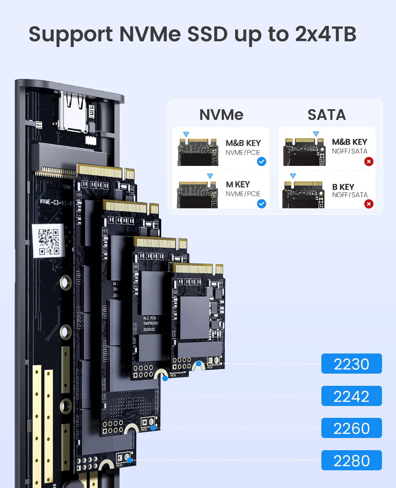 ORICO Dual-Bay NVME M2 SSD obudowa aluminiowa USB3.2 Gen2 10 Gbps M.2 Type-C stacja dokująca do PCIe M-Key, B&M Key 2230/2242/2260/2280