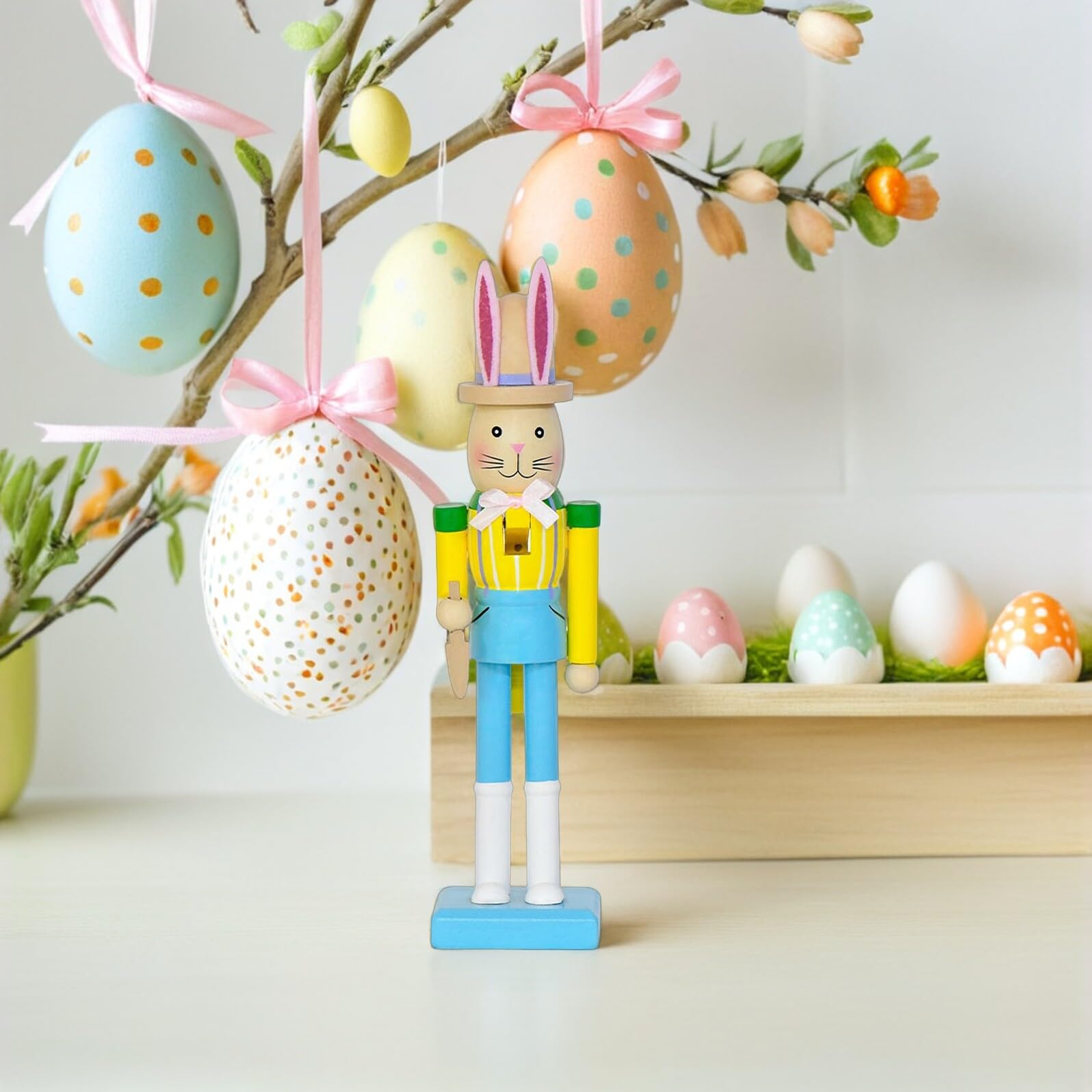 Healeved Set 2 Pezzi Centrotavola Pasquale in Legno Statuine Schiaccianoci a Forma di Coniglietto, Decorazioni da Tavolo Primaverili per Feste di Pasqua e Arredamento Casa