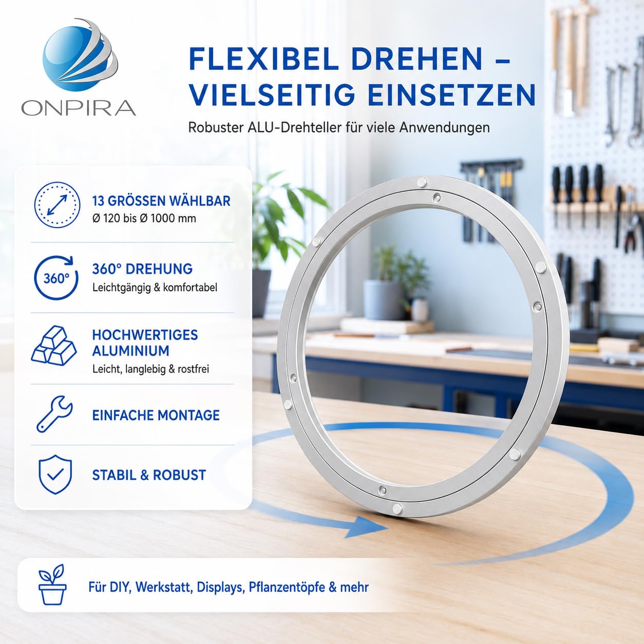 ALU Drehteller aus Aluminium – 13 Größen auswählbar Ø120 bis Ø1000 mm – Robuster Drehteller für vielseitige Anwendungen, Drehplatte für DIY, Maschinenbau, Werkstatt (Aussendurchmesser: 500mm;)
