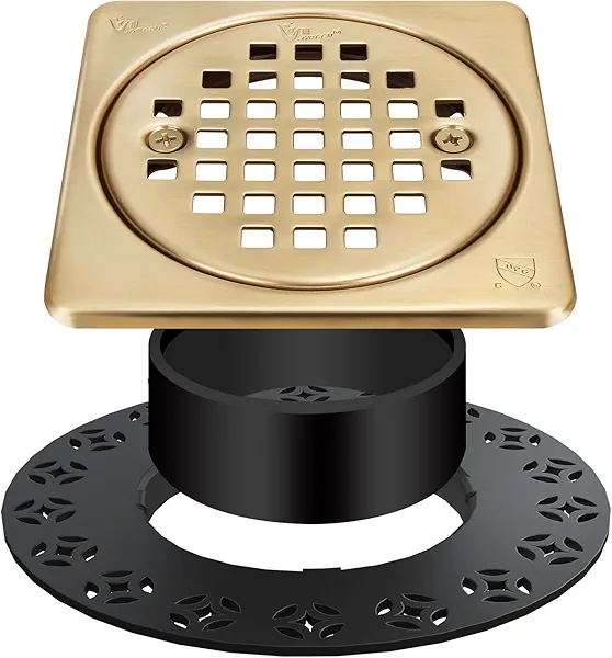 Champagne Bronze 4 inch Drain Grate Kit, Shower Drain Compatible with Schluter Kerdi Drain Flange, Removable Square Floor Drain with Adjustable Collar,with ABS Flange-SUS304 Stainless Steel Grate