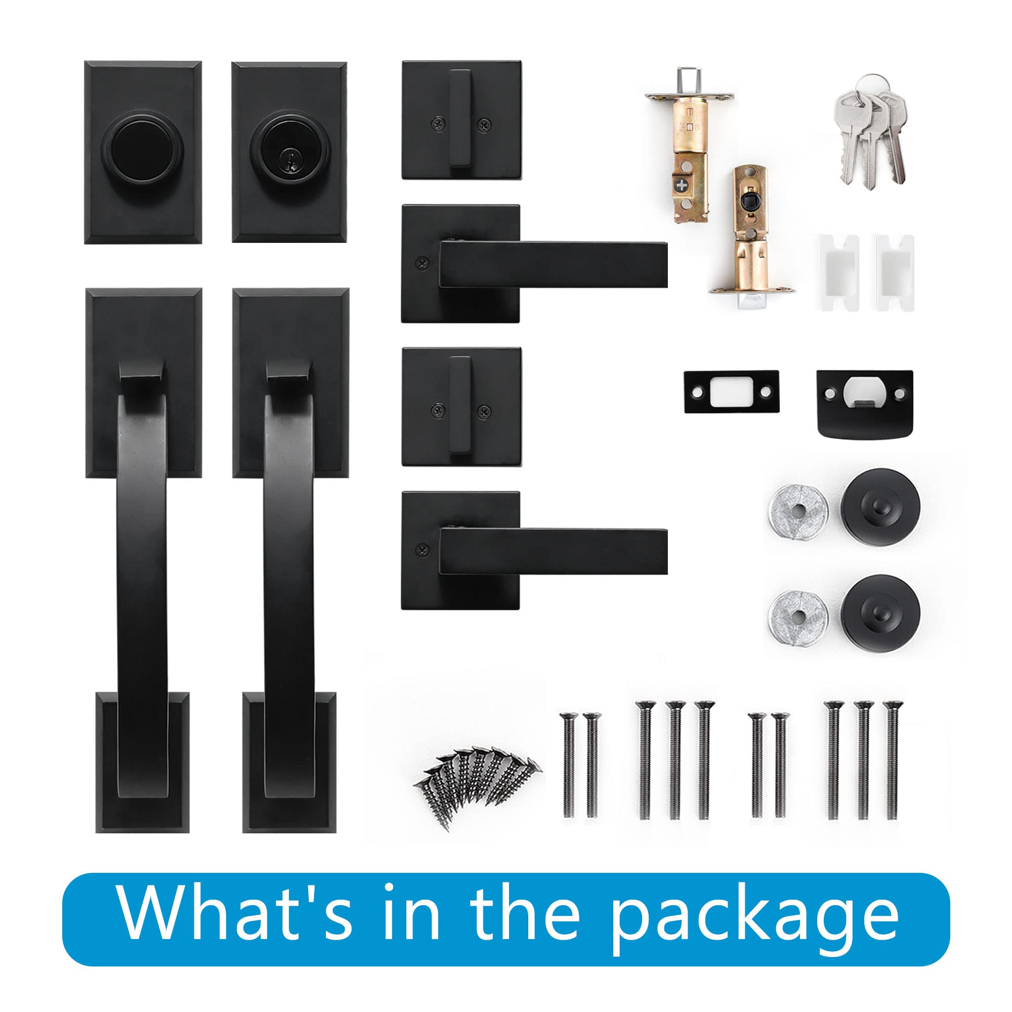 NeuType Double Door Lock Set Door Handle Sets Entry Door Locksets with Deadbolt Single Cylinder HandleSet with Circle Handle Lower Half Grip, Black