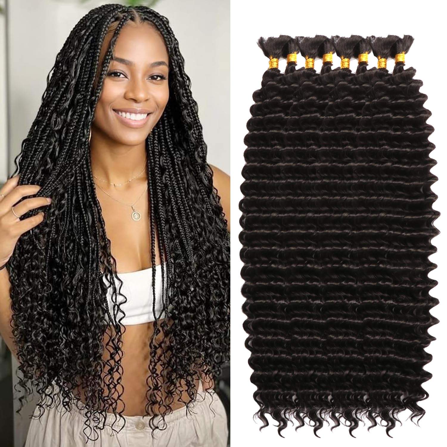 Seimainurs Deep Wave Crochet Hair Long Curly Braiding Hair for Boho Braids Ocean Wave Braiding Hair for Black Women (1B#