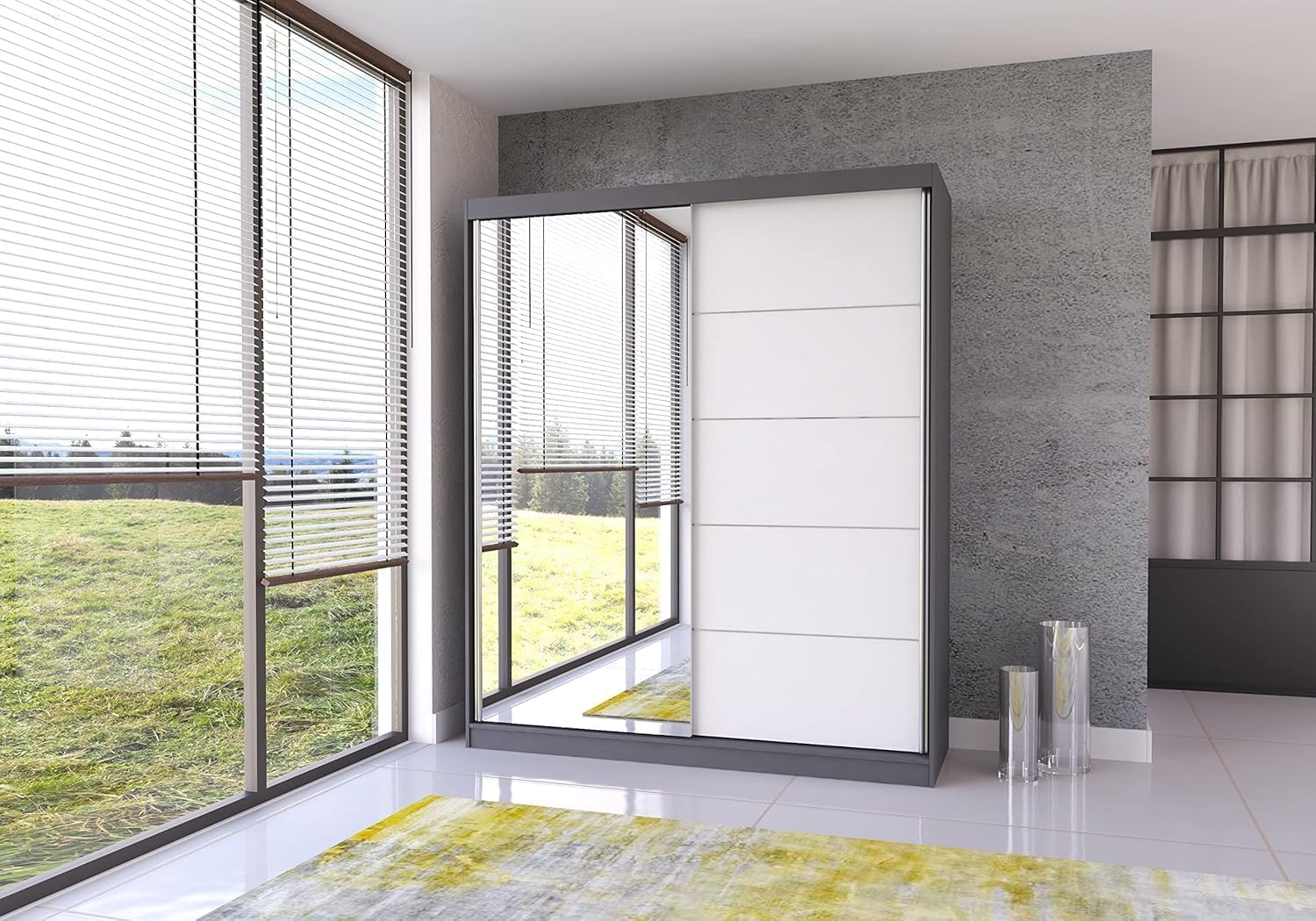 Fabryka Mebli Idźczak Kleiderschrank mit Spiegelfront & Schiebetüren Weiß Grau - platzsparend & geräumige Fachaufteilung mit Kleiderstange - moderner Stauraum für Schlafzimmer Ankleidezimmer