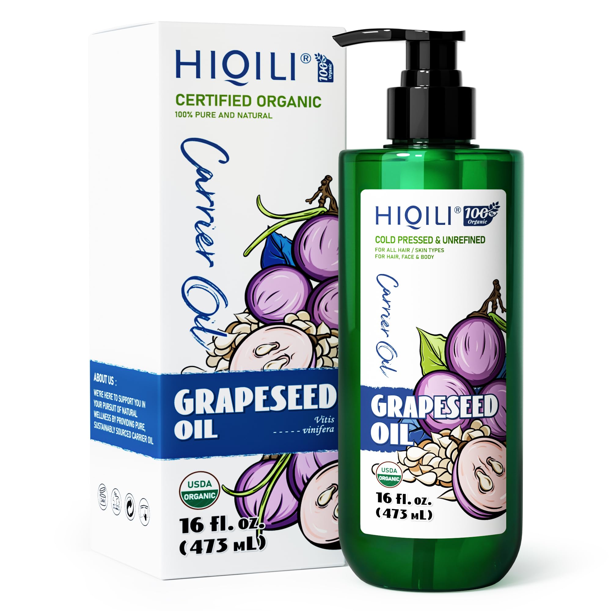 HIQILI 16 Fl Oz Organic Grapeseed Oil for Hair, for Skin, Carrier Oil for Essential Oils Mixing, 100% Pure & Natural-473MLUSDA Organic