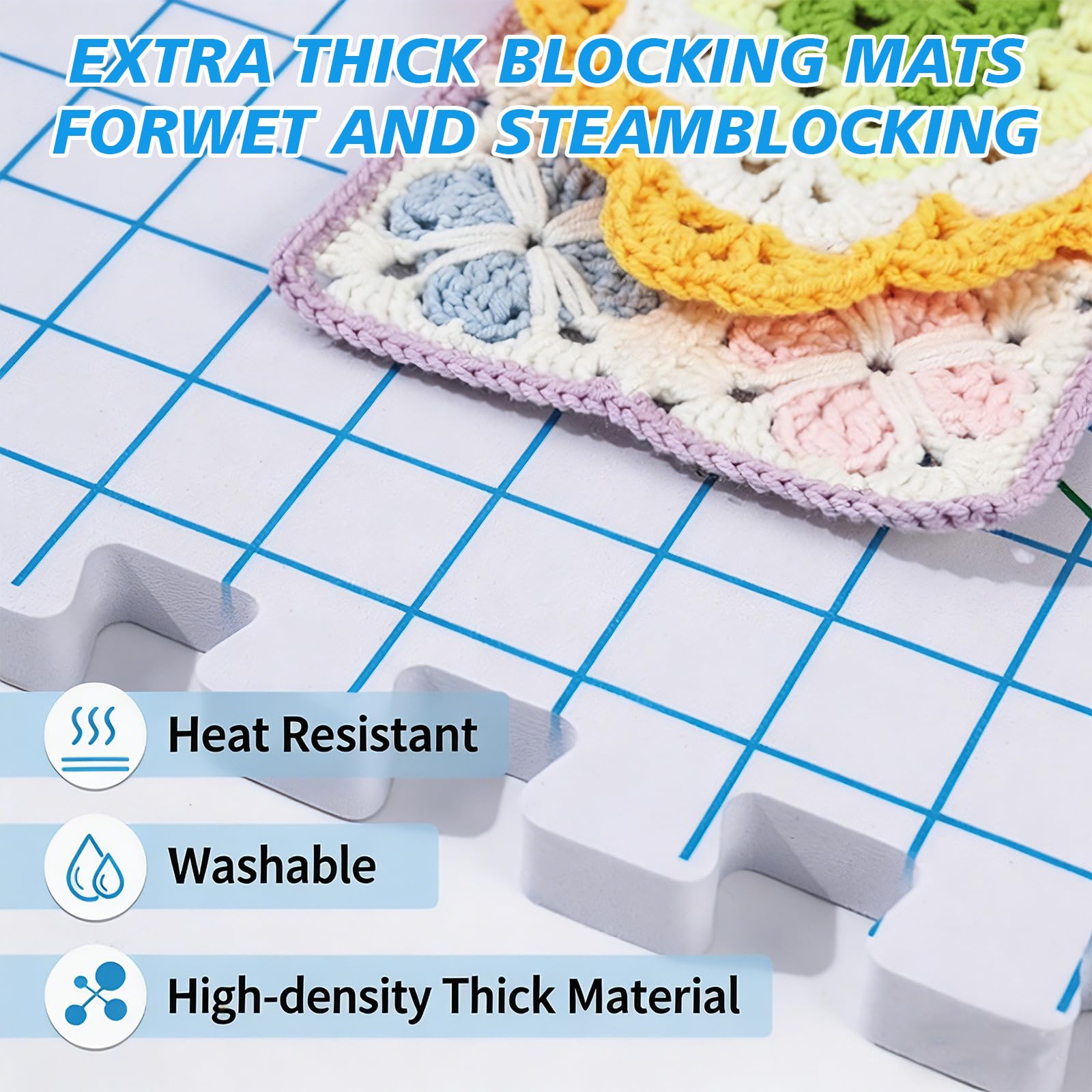 IDAMAKON 9 Stück Blocking Matte mit Raster Extra Dicken Spannmatten Stricken Spannmatten Für Handarbeiten mit Knit Blockers Box Nadelhalter und 180 Formnadeln für Stricken Häkeln & Granny Squares