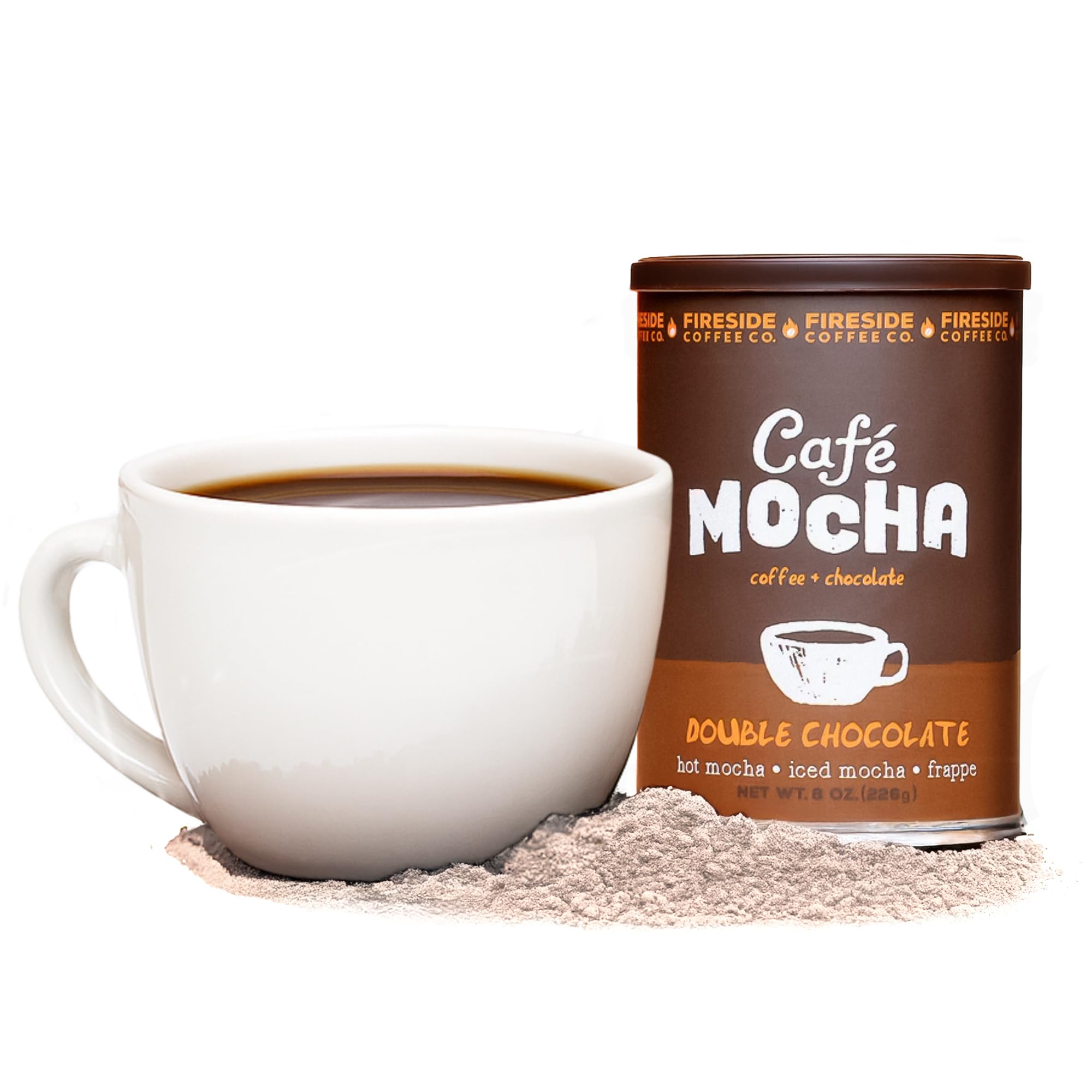 - Fireside Coffee Double Chocolate Cafe Mocha - Instant Coffee Chocolate Blend - Premium Caffeinated Drink Mix for Hot, Iced, Milkshake, and Mocha Frappe Mix, Only Add Water and Enjoy, 8 Ounces