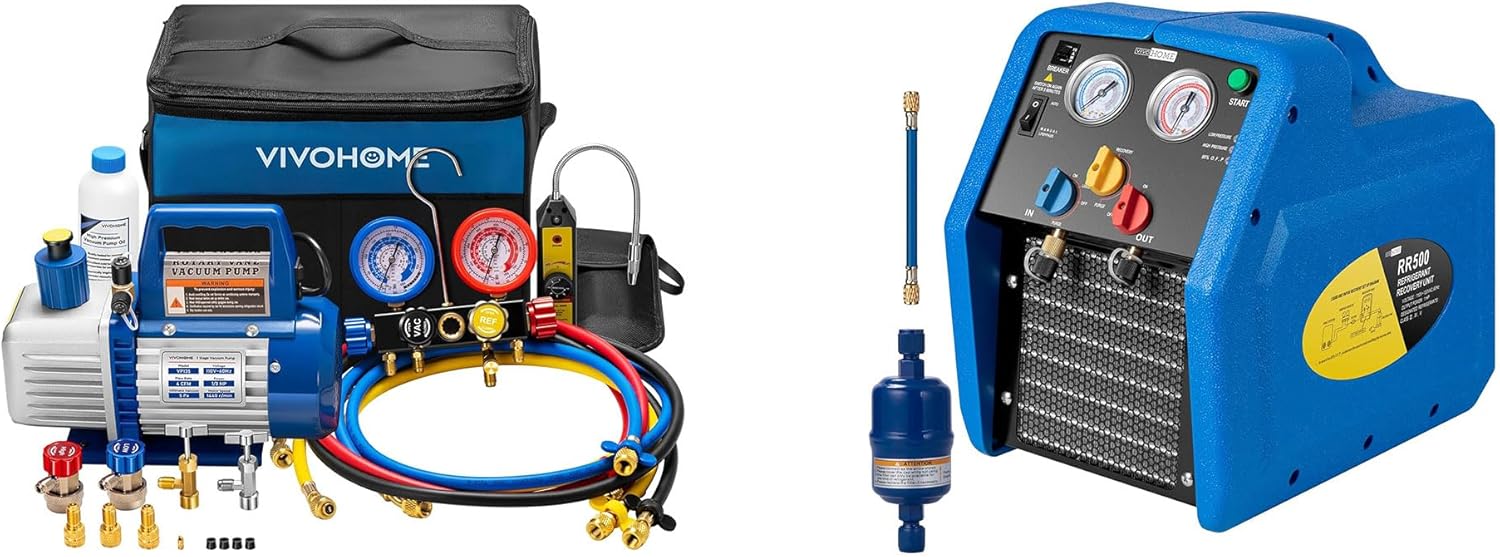 VIVOHOME Upgraded 4CFM 1/3 HP 1-Stage HVAC Vacuum Pump and 4 Way AC Manifold Gauge Set R1234YF 1 HP Dual Cylinder Portable Refrigerant Recovery Machine Oil-Less Freon Recycling Unit