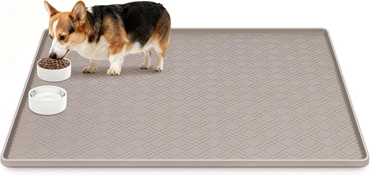 Dog Food Mat 42" x29" Large Silicone Mat with Raised Edge Beige
