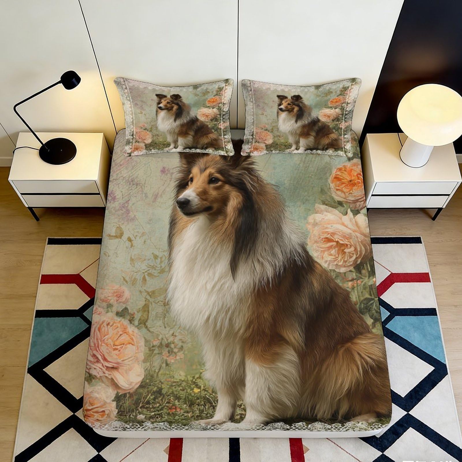 Pnayamiorkfel Style-5 3D Printed Shetland Sheepdog Rose Fitted Sheet Microfiber Soft Decorative Bed Cover For Bedroom Guest Room 90X200x25cm
