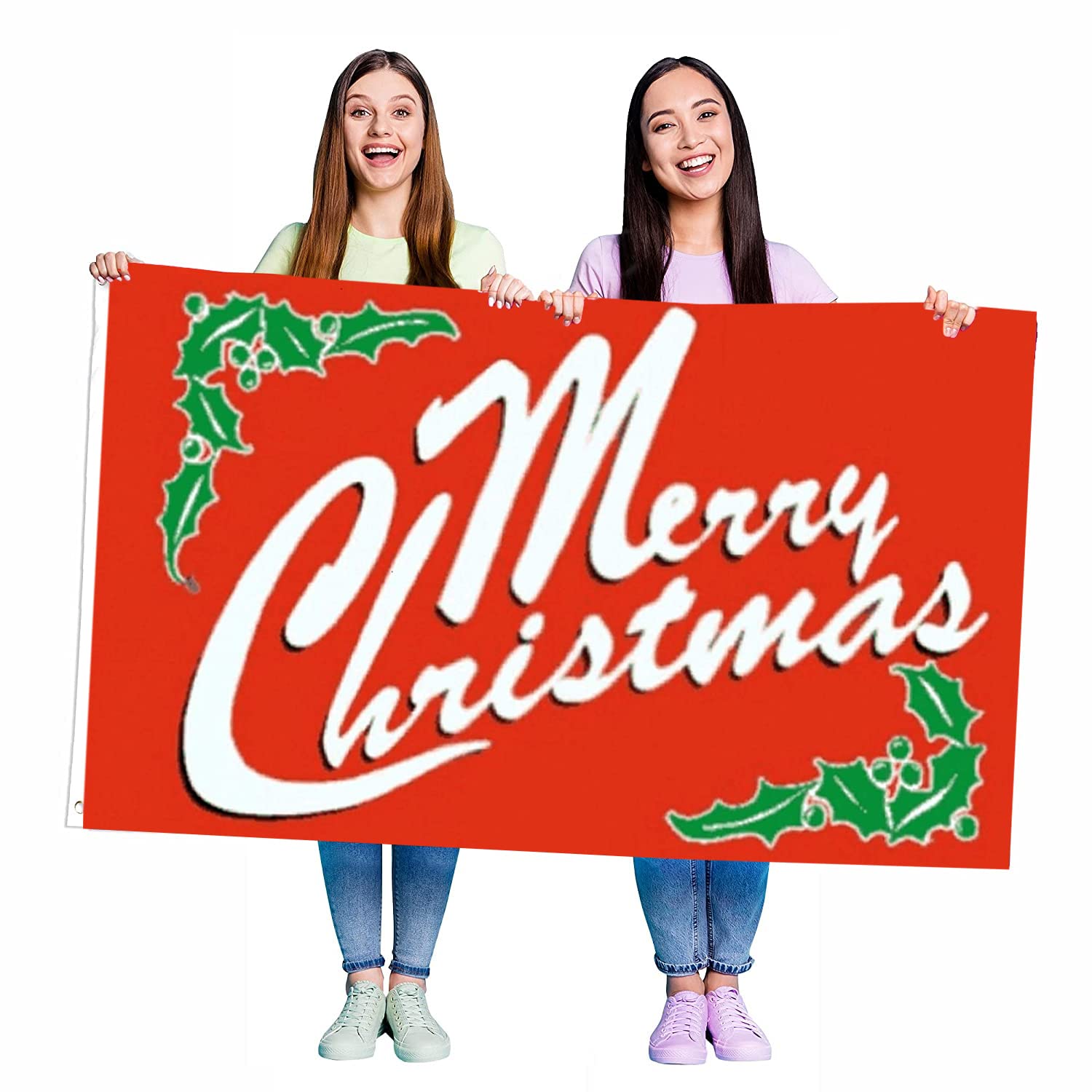 Merry Christmas Flag - 5ft x 3ft Merry Christmas Flag with Holly Pattern and Eyelets - Suitable for Flagpoles - Xmas Party Decoration Accessory