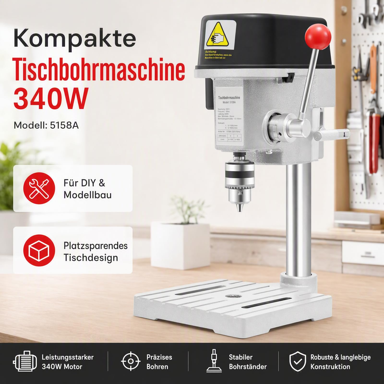 Trapano da banco da 340 W, 220 V, 3 velocità regolabile, per legno