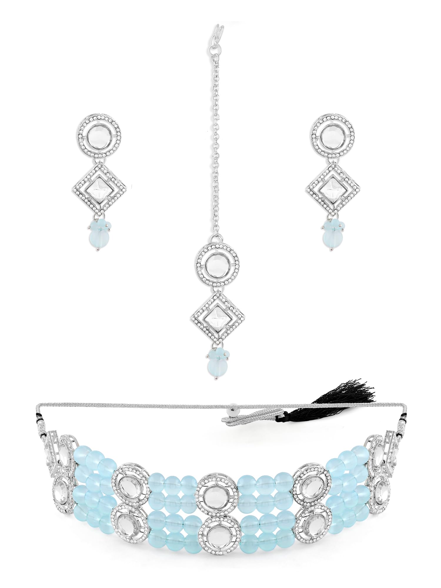 ZAVERI PEARLS Turquoise Blue Beads Dazzling Austrian Diamonds Silver Plated Choker Necklace Earring & Maangtikka Set For Women-ZPFK17781 (B0CZXSM8D6) Amazon Price History, Amazon Price Tracker