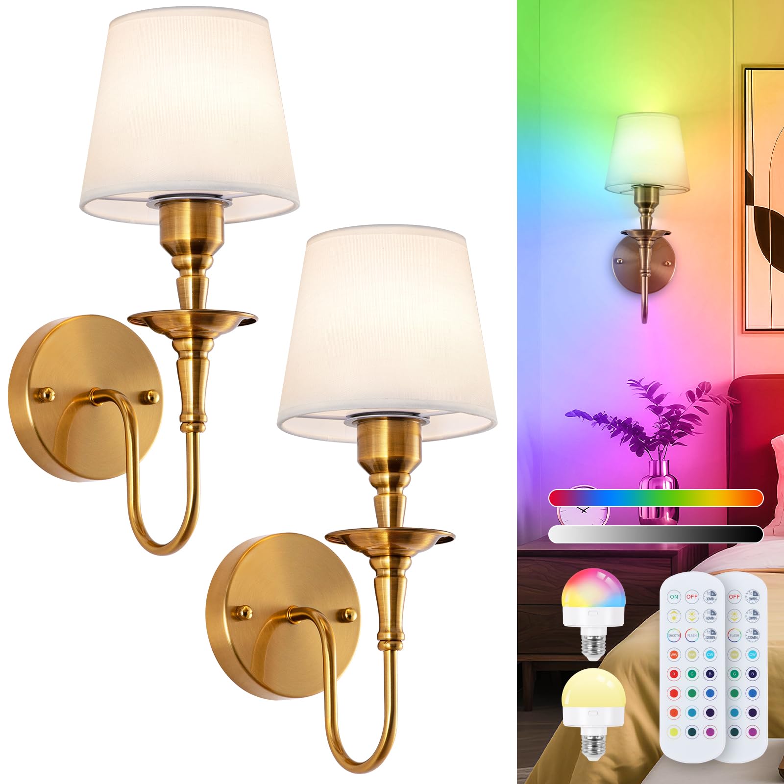 Photo 1 of EIDISUNY Vintage Brass Wall Sconces (Set of 2) with RGB Rechargeable Bulbs